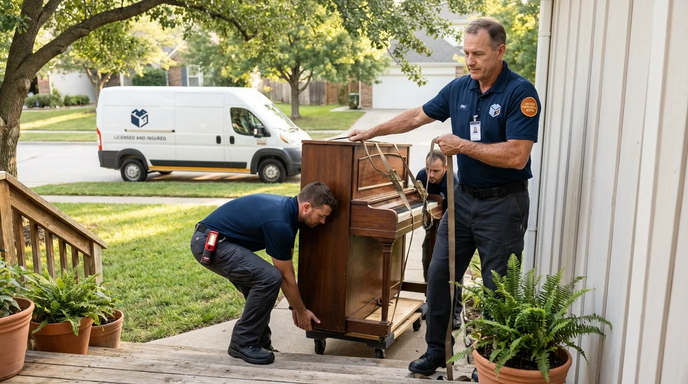 Licensed piano movers securing grand piano in Cabool, MO