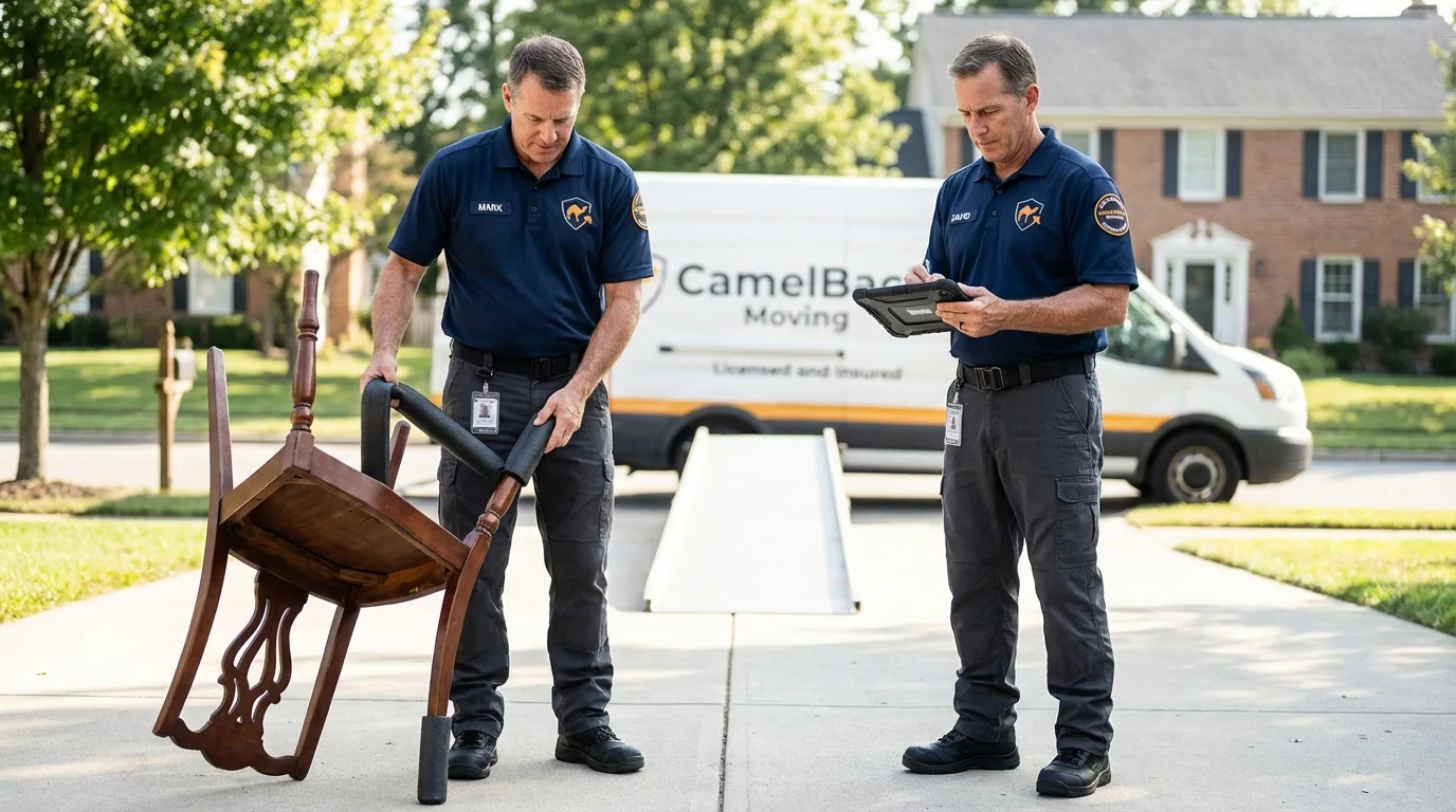 Movers inspecting furniture for damage prevention before loading in Cabool, MO