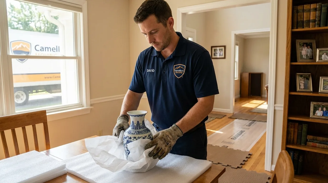 Professional crew carefully wrapping antique vase for senior downsizing move in Cabool, MO